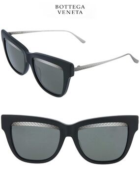 BOTTEGA VENETA BV0074S 001 BLACK/RUTHENIUM SMOKE GREY CAT EYE SUNGLASSES. 53m